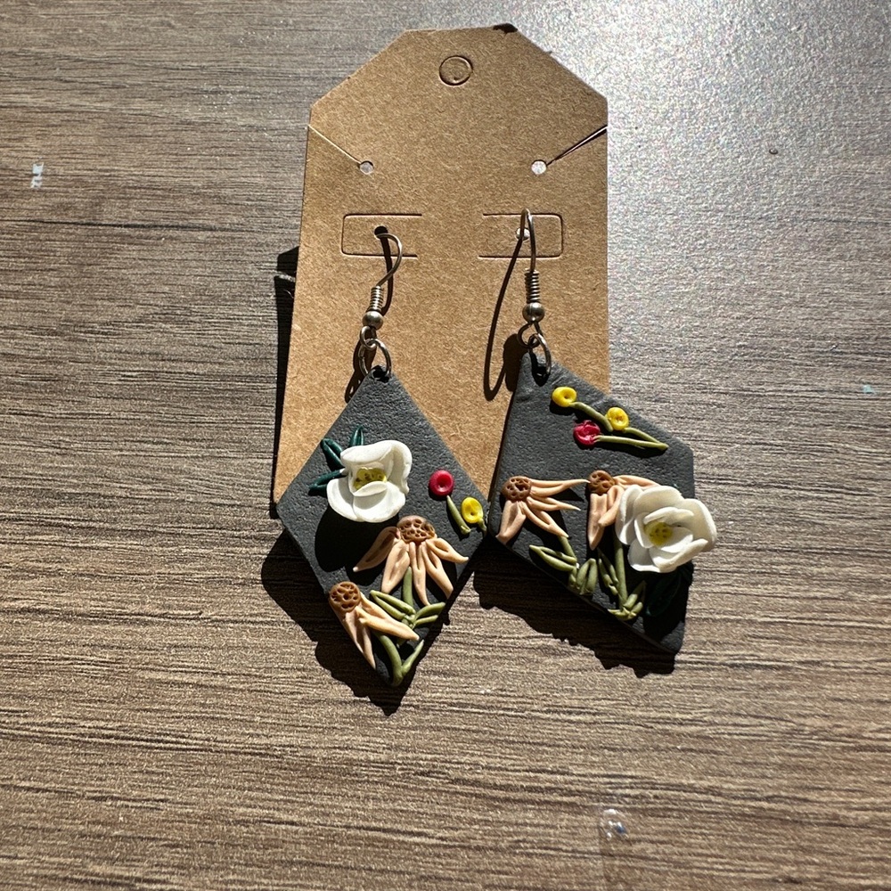 Handcrafted Black Floral Polymer Clay Drop Earrings
